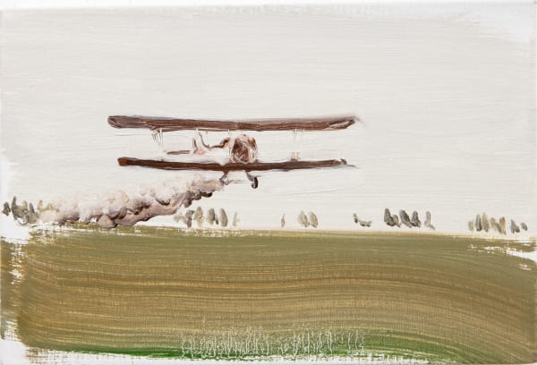 Old plane viewed from the front flies over grassy landscape emitting clouds of smoke into white sky.