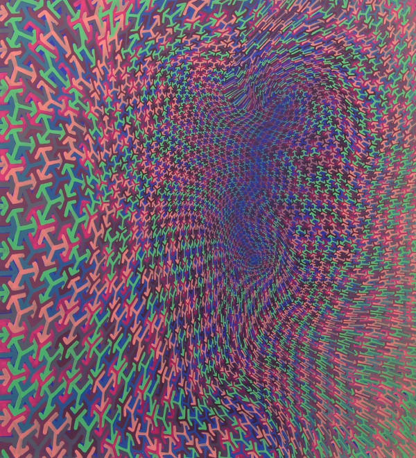 Pink green blue and maroon asterisk shaped forms morphing and moving in waves against each other which seem to fade to purple as they approach the upper right center of the piece