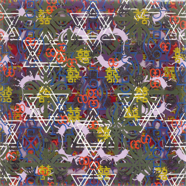 Multi-colored symbols from a variety of different cultures and ethnicities including double happiness symbols the star of David and crickets are layered on top of each other to create a three D illusion