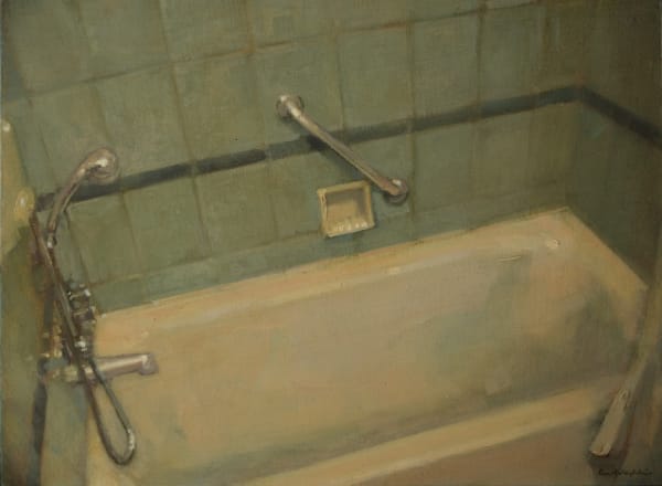 Empty bathtub is depicted from above surrounded by a tiled wall with stained glass shower head and handle.