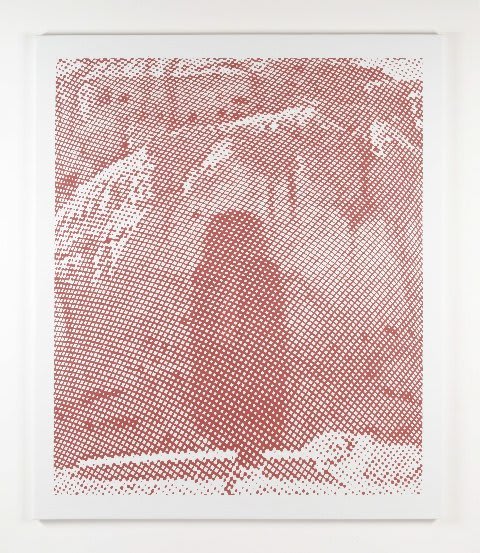 Multiple silkscreen layers of red and white paint construct a blurry and highly pixelated abstract rocky landscape