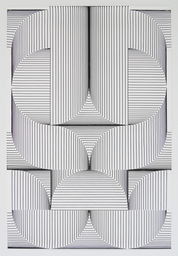 Horizontal and vertical straight black ink lines form a curving geometric pattern. The lines when they get closer together create optical illusions of depth and recession into space