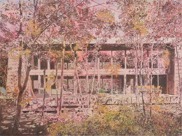In a pink hue, tall and thin trees are planted in front of two-story home with large glass windows and patio. Yellow glowing animal skeletons float over the scene.