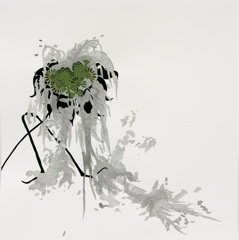 Mixed media wilted black and white flower with a large dark green oval shape at its center The wilted gray petals appear to melt off the flower and splash across the bottom of the paper