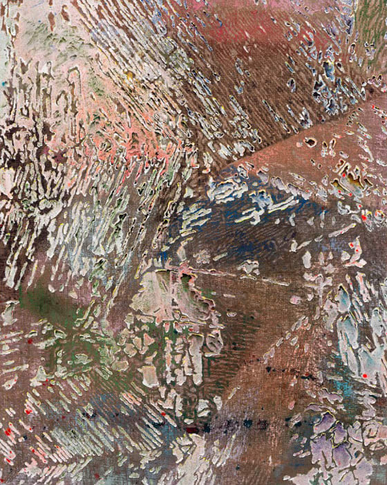 With a dark tan and green background, chunks of white and pastel red paint create loose but bold striped pattern across canvas.