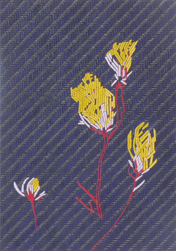 Heavily layered and textured paint on canvas creates a woven pattern of four yellow and white flower buds with thin red stems against a navy background The pattern is inspired by a dress worn by Michelle Obama in twenty sixteen