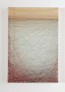 Layers of multi-colored threads strung across a rectangular wooden and plaster panel create three horizontal sections a light orange at the top a pale blue in the center and a dark red at the bottom