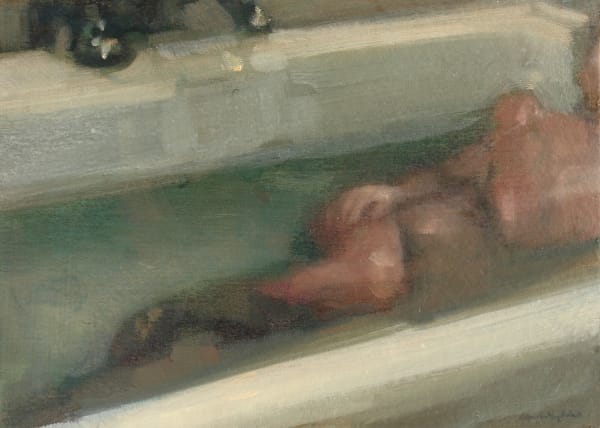 Body of woman is depicted lying in bathtub. Woman’s face is cropped out of the composition.