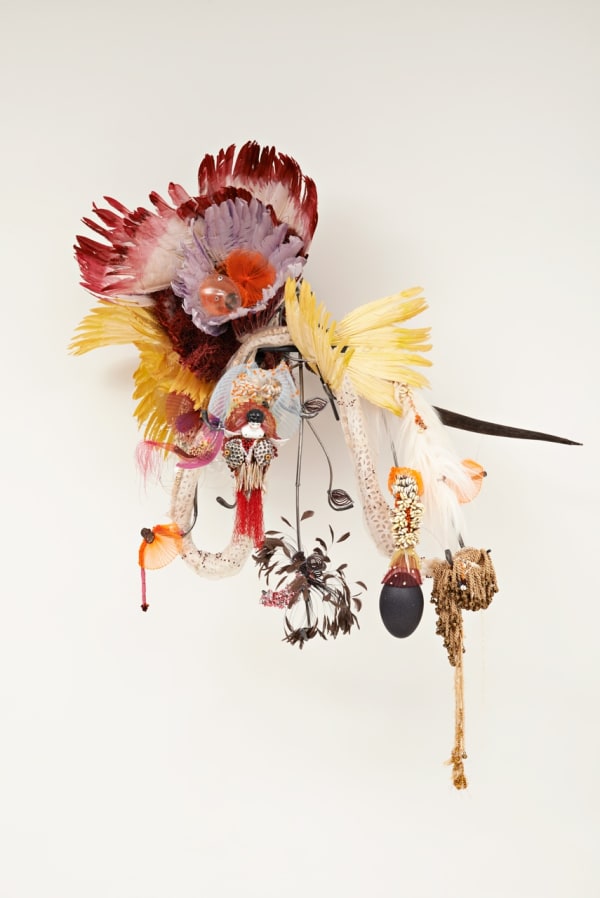 Rina Banerjee Friendly Fire, 2015 steel structure, textiles, beads, feathers, thread, bulbs 58 x 48 x 32 in 147.3 x 121.9 x 81.3 cm