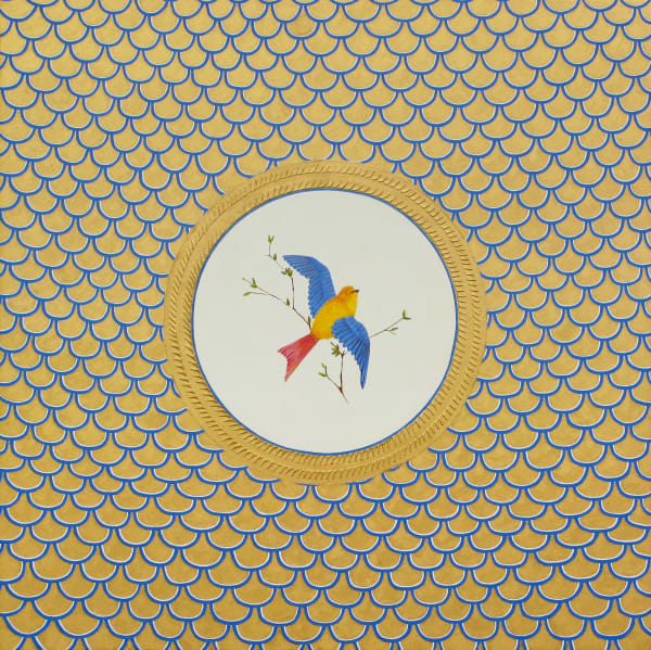 Heavily layered and vibrant paint on panel creates an intricate and unique blue white and gold scale pattern. At the center of the piece a white circle with a red yellow and blue feathered bird with outstretched wings is sitting on a thinly branched plant. The pattern is inspired by the novel The Picture of Dorian Gray by Oscar Wilde