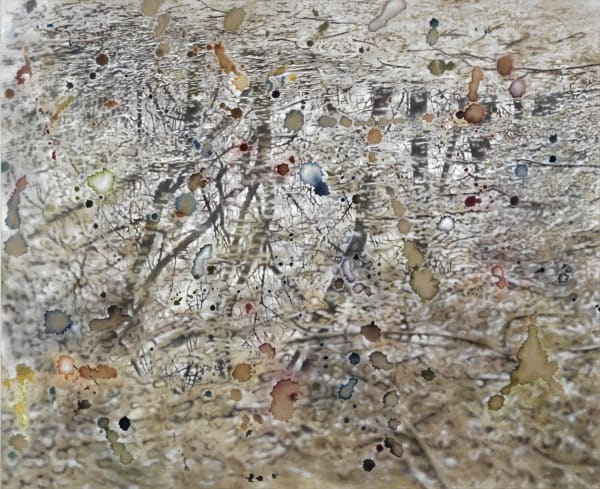 Cloudy brown lines and splashes of red and green paint decorate a white background in a chaotic manner. Pattern becomes more cloudy at the bottom of the canvas and more clear at the top.