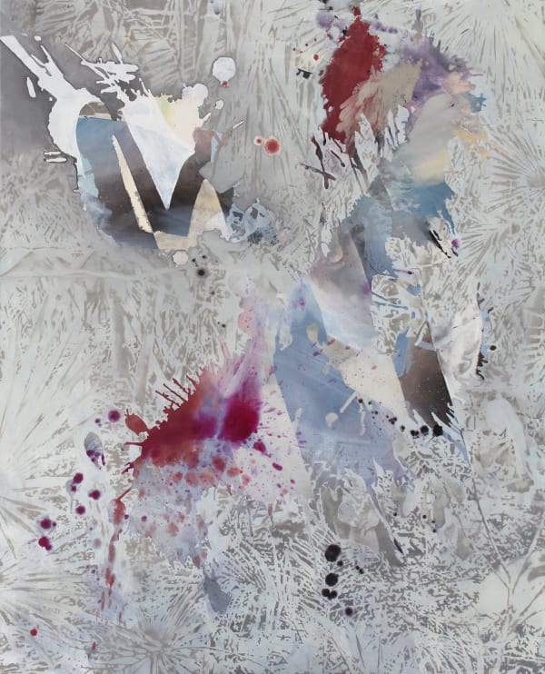 Sharp lines in dark gray criss-cross the light gray canvas. On top, splashes of red, blue, brown and white paint decorate the top of the canvas creating a layered effect.