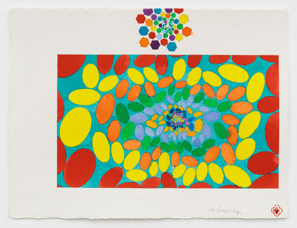 Multi-colored ovals in a aqua rectangle taking up the majority of the paper Above the rectangle is a concentrated group of multi-colored hexagons