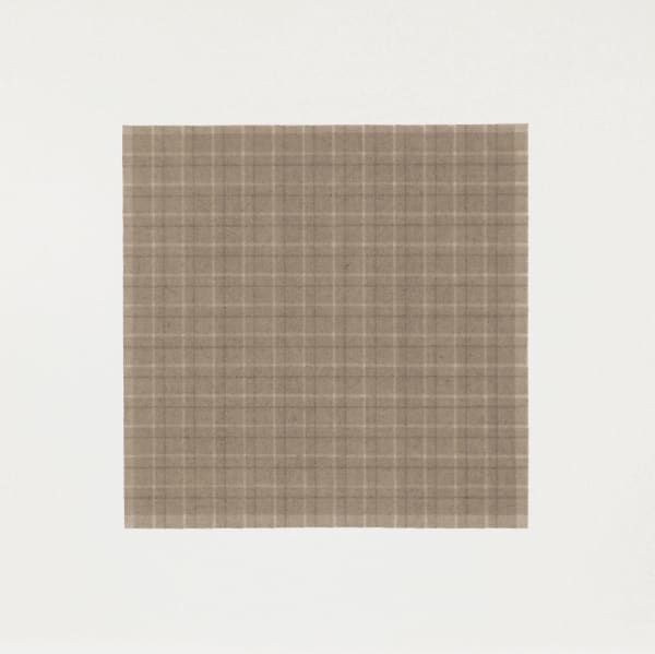 Against white background, tan and dark brown lines create faint grid pattern on top of brown colorfield.