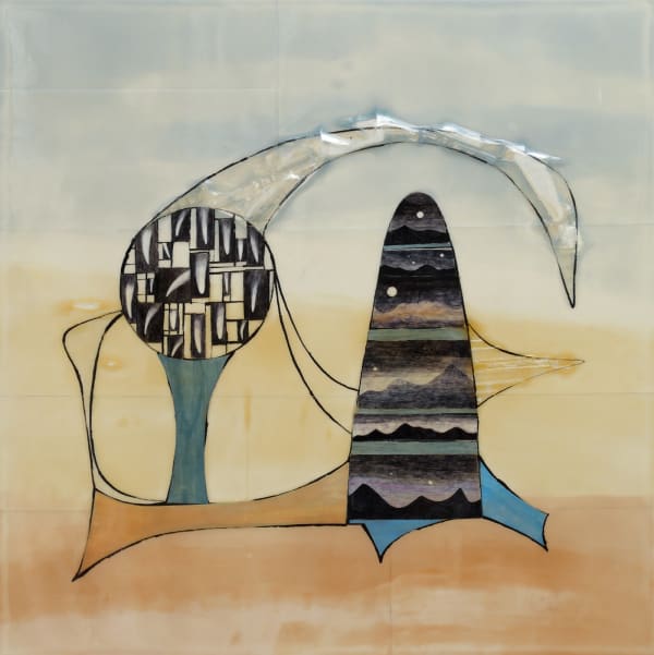 Multi-colored mixed media piece depicting a large geometric figure made out of interspersed cut out black ballpoint pen landscape drawings, found plastic, multi-colored painted shapes, and black lines. Two horizontal lines of orange and blue create a simple background. The entire piece is covered in a textured bio-resin