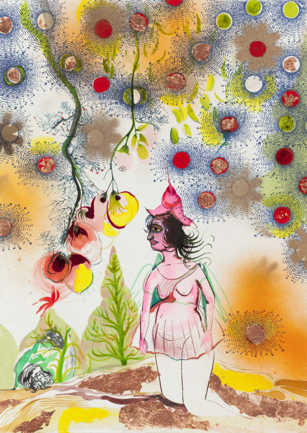 An image of painting wuth a womanly figure and flpwers.