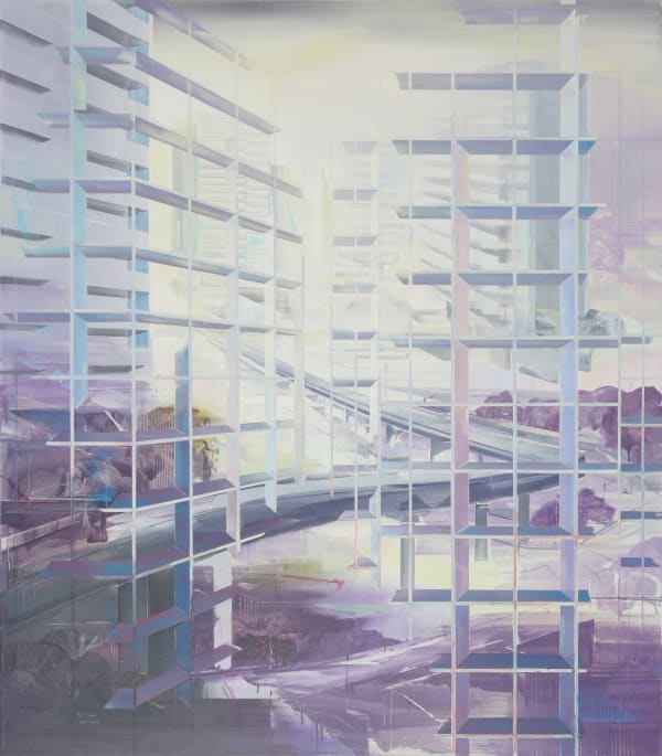 Dull yellow white and purple abstract landscape alludes to elevated highway with several trees underneath and faded high rise buildings in the background A grid of alternating thin and thick horizontal and vertical lines form the illusion of foreground scaffolding