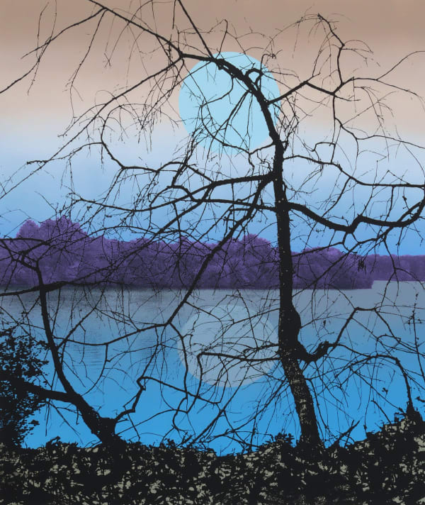 Multiple silkscreen layers of black blue beige and purple form a constructed landscape of a burry and heavily pixelated riverbank with black silhouettes of two thin tree. In the background a large light blue circle alluding to a full moon floats in the beige and blue sky while another circle at the bottom represents its reflection in the water