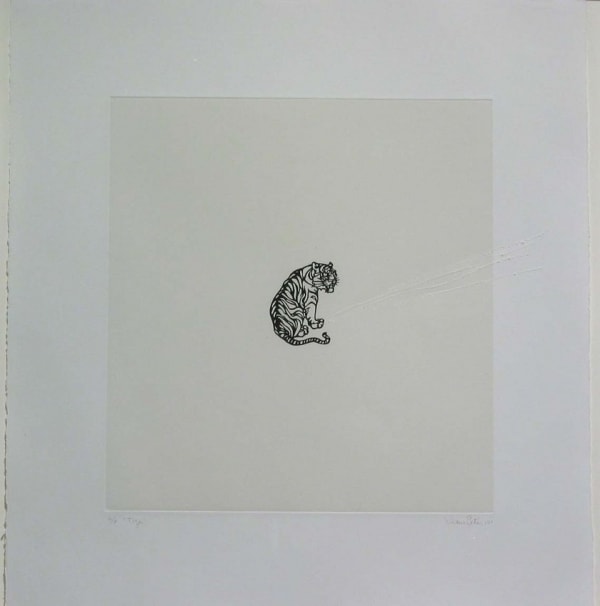 Small black solar etching of the contours of a tiger at the center of a cream colored paper