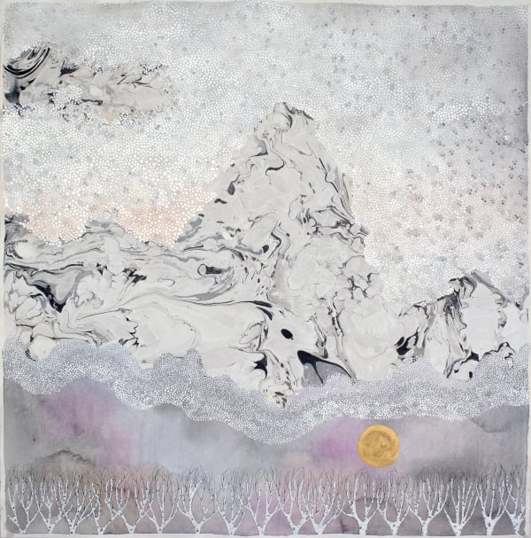 Mixed media landscape with tall black and white marbled mountains which become obscured towards the top of the piece as silver metallic pointillism clouds cover its peaks. At the bottom of the piece a small gold metallic moon hovers above a row of bare birch trees