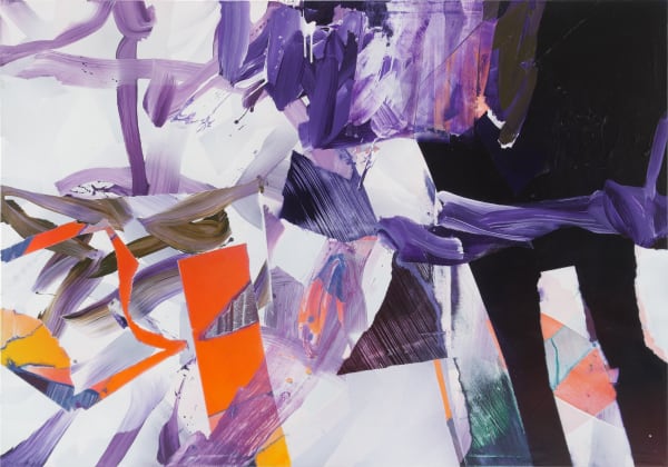 Abstract loose purple brushstrokes criss-cross the canvas, layering with sections of white, black and bright orange.