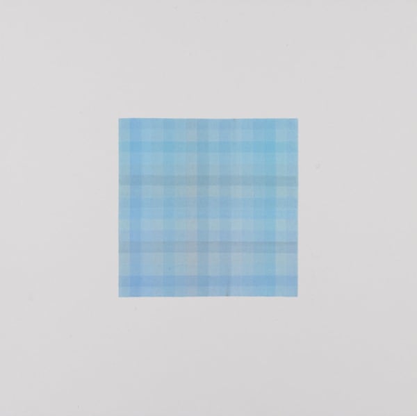 Interwoven horizontal and vertical lines in shades of blue create a square-shaped color field.
