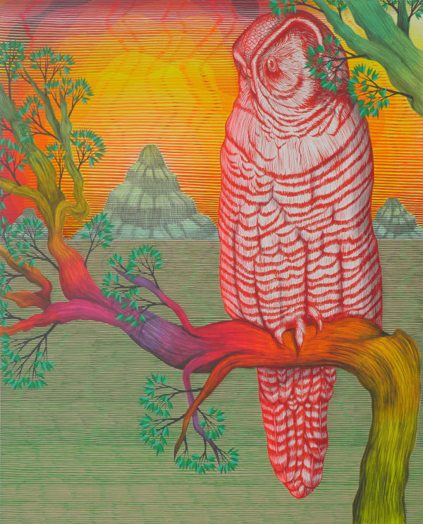 In the foreground, a red and white barn owl sits on a multicolored tree branch with bright green leaves. In the distance, three green-grey striped mountains loom. Line work creates a sunset in the background. Green and beige horizontal lines create a flat plain separating foreground from background.