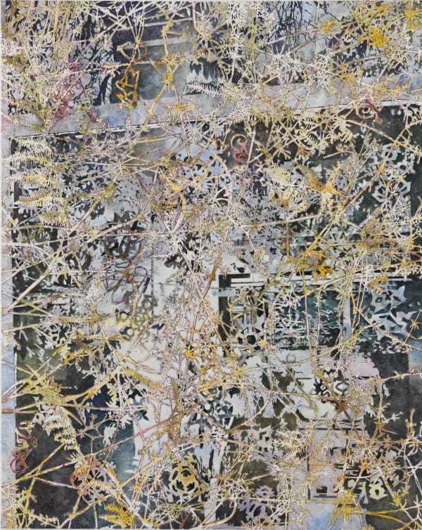 Against a brown and white background, yellow lines criss-cross the canvas creating a cacophony of lines and shapes.