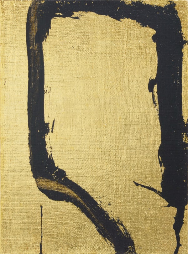 Gold leaf background with thick black brushstroke in the shape of vertical rectangle that is not completed.