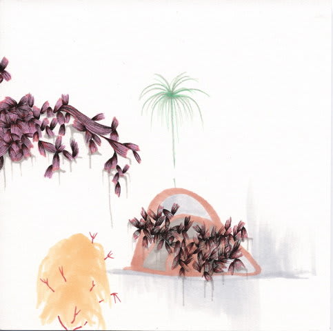 A small cluster of intertwined veiny pink flower petals emerges from the center of an equally small loosely drawn orange cave. A thin green palm tree sprouts out above the cave and to the left, another pink petal cluster and the top of a yellow leaved tree are visible