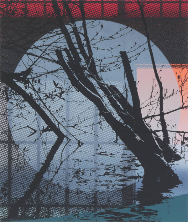 Multiple silkscreen layers of black blue and red paint form a constructed landscape of a river bank In the foreground are several black silhouettes of partially submerged trees with a light blue circle forming a halo around them In the background a heavily pixelated dark rectangular grid alludes to the interior of a windowed warehouse