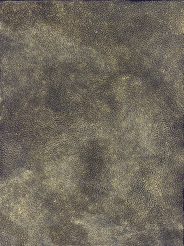 Against a black background, an abstract cloudy pattern is created from clusters of yellow non-uniform dots.