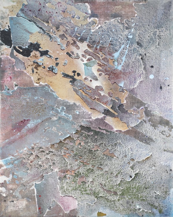 A light orange background is visible through layered light blue, gray, pink and black swaths of paint. The burlap material and white paint create texture throughout the paint layers.