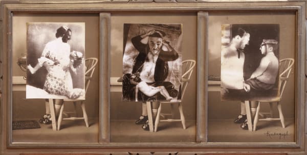 Black and white triptych photo collage, each scene depicting two subjects seated in a wood chair. The left panel shows a woman’s body with a man’s face holding a baby with a man’s face. The middle panel shows a man wearing a mask with the body of a reclining nude woman in his lap. The right panel shows a man with another man’s face looking at a boy with the face of the artist.