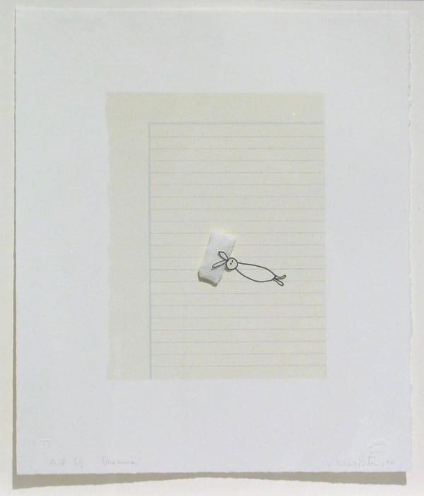 Lithograph print of the body of a loosely drawn bunny-like figure against yellowed loose leaf paper. The head of the bunny is drawn on a separate piece of paper cut out and partially pasted onto the rest of the body. A small white pillow is tucked underneath the upper portion of the head and the ears of the drawn figure are propped up by it