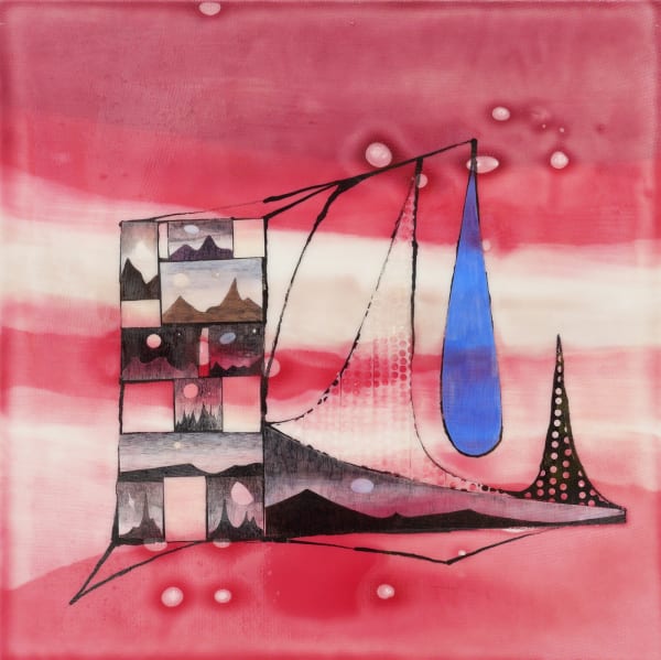 Predominantly red pink white and blue mixed media piece depicting a geometric figure made out of interspersed cut out black ballpoint pen landscape drawings multi-colored painted shapes and black lines. The entire piece is covered in a textured bio-resin