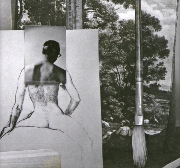 Black and white layered image in which background depicts a forest landscape with a ruler and a paintbrush vertically splitting the scene. To the left of the canvas, layered over the forest scene is a sketch of a seated nude male body from the back. Photograph of artist’s self portrait is layered over the sketch to create the torso and head of the body.