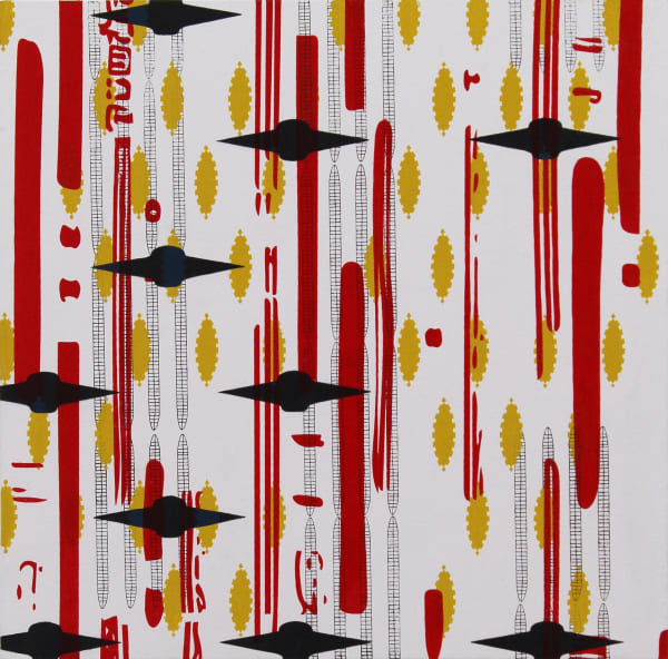 Black silhouettes of UFOs with red yellow and balck abstract patterns against a white painted panel