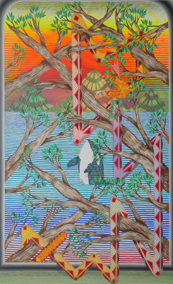 Interlocking tree branches with young leaves superimposed upon an ocean scene with three mountains in the distance. An angular snake winds around the branches, an orca breaches the water.