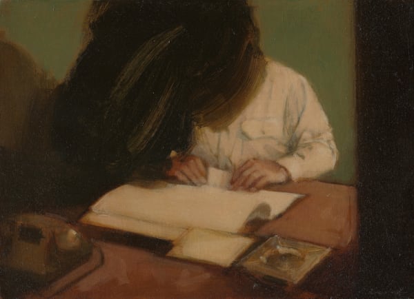 A person sitting at a desk touches an open book in front of them, one of several objects on the desk. Their face is obscured by a floating black shape.