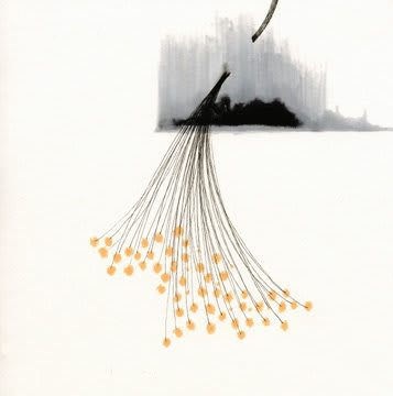 Ink and marker create a blurry black and gray smudge at the top right portion of the piece. A bundle of multiple thin black lines cuts through the smudge and spreads out as it approaches the bottom of the piece. At the ends of each of the lines are small yellow stars