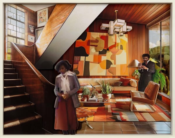 A wood relief collage by Ron Norsworthy featuring two figures in a warm, mid-century interior with geometric art, plants, and wood-paneled walls.