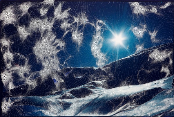 Sebastiaan Bremer Crown Burst sun shining over snowy mountain top with white painted dots