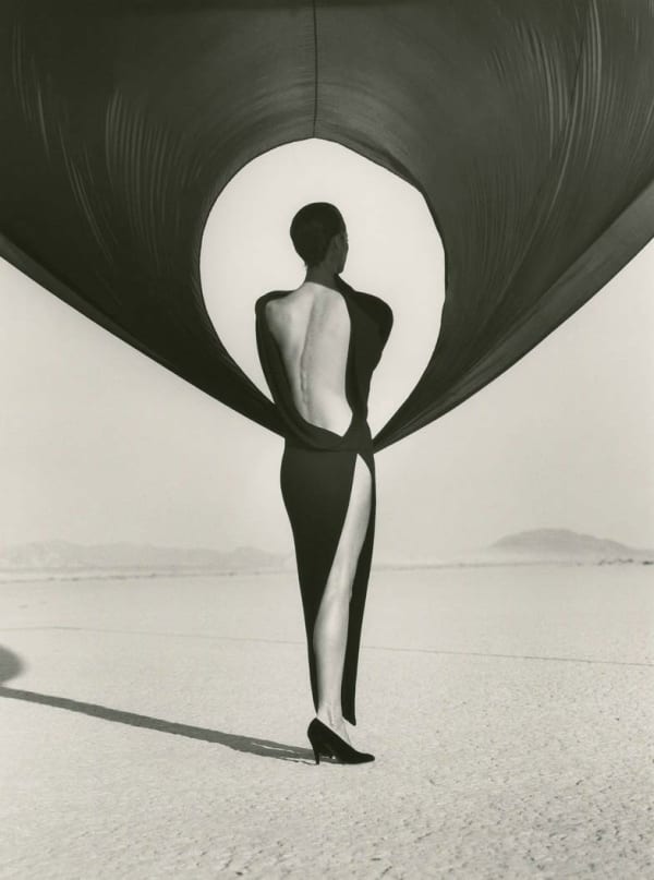 Christy Turlington in Versace backless dress in El Mirage, California, by Herb Ritts