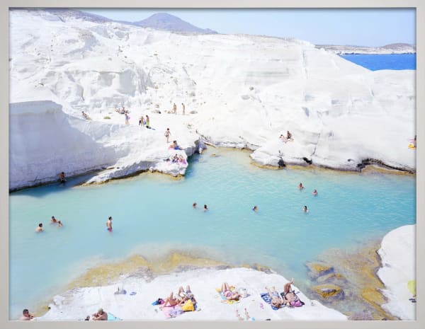 Sarakiniko Beach on Milos Island, Greece with swimmers and sunbathers, by Massimo Vitali