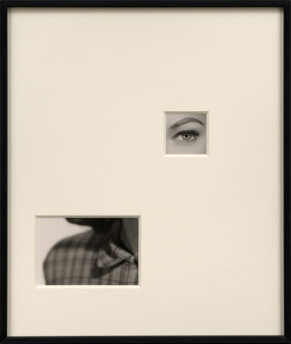 Framed photograph with overmat and two windows revealing a woman's shoulder and left eye, by Sissi Farassat