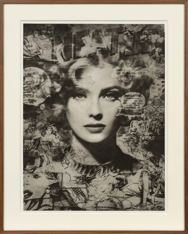 Valérie Belin portrait of a woman overlaid with vintage comic book imagery and text, blending fashion photography with pop art elements.