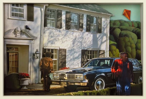 Wood relief collage by Ron Norsworthy showing people near a white house with a black car, a crow on the facade, and an orange kite in the sky.