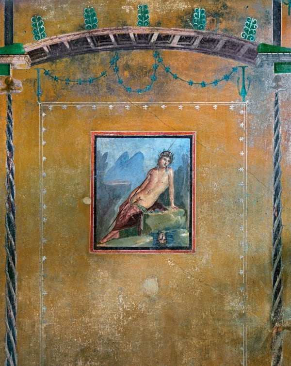 Robert Polidori, Narcissus fresco, House of Marco Lucretius Frontone, Pompeii, Italia, painting of nude narcissus on yellow wall