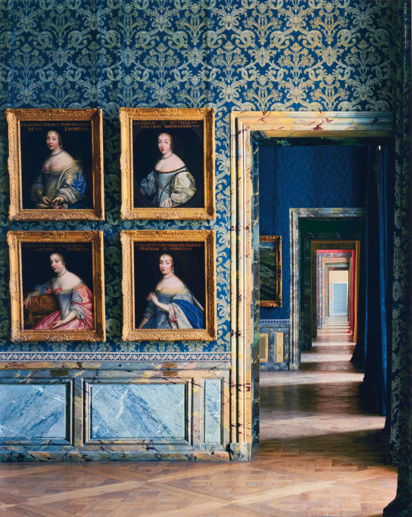 Colorful salon in Versailles, salle la familie royale, with four portraits on the wall, by Robert Polidori